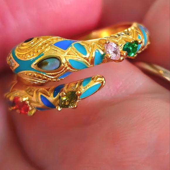 18KT GOLD/925 STERLING SILVER TURQUOISE DIAMOND EMERALD SNAKE ADJUSTABLE RING - Picture 10 of 16